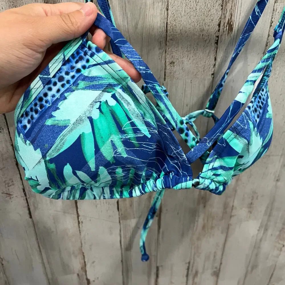 New! EXPRESS Blue Green Tropical Triangle Bikini Top Back Tie Womens Size M